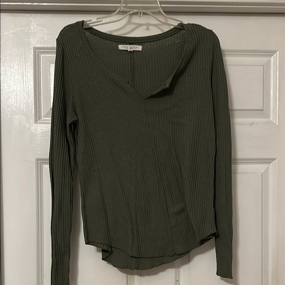 Olive Green Long Sleeve waffle knit Top